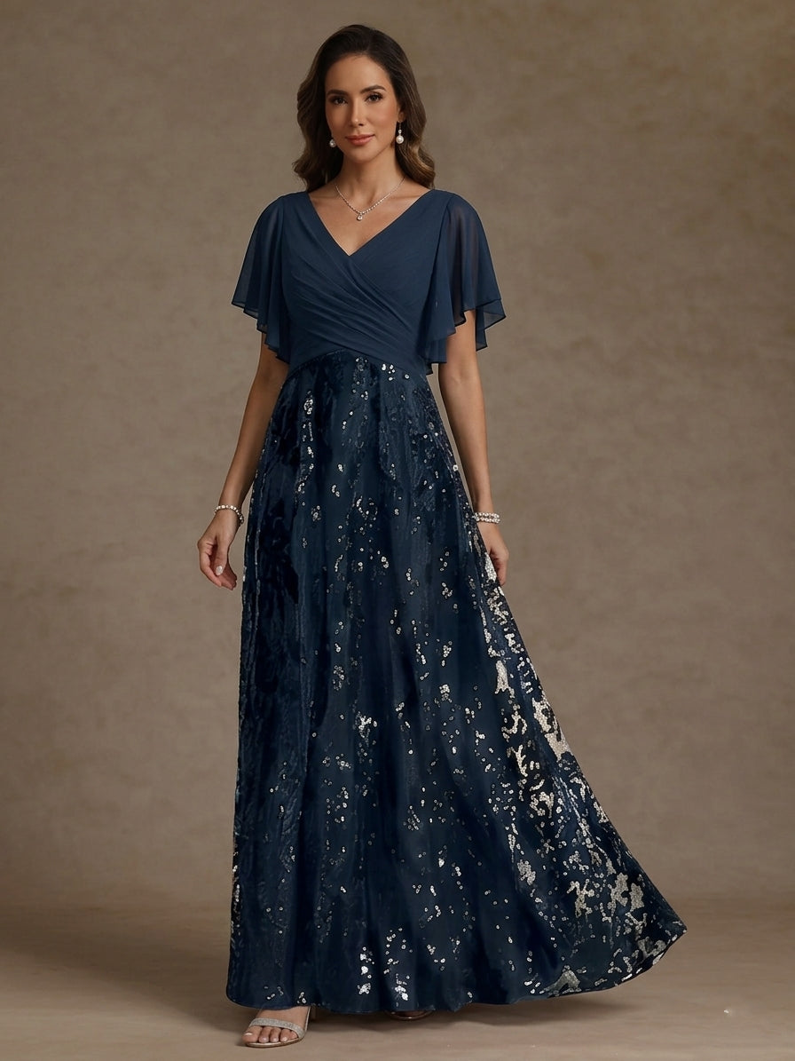 A Line Princess V Neck Short Sleeves Floor Length Mother Of The Bride Dresses With Sequins