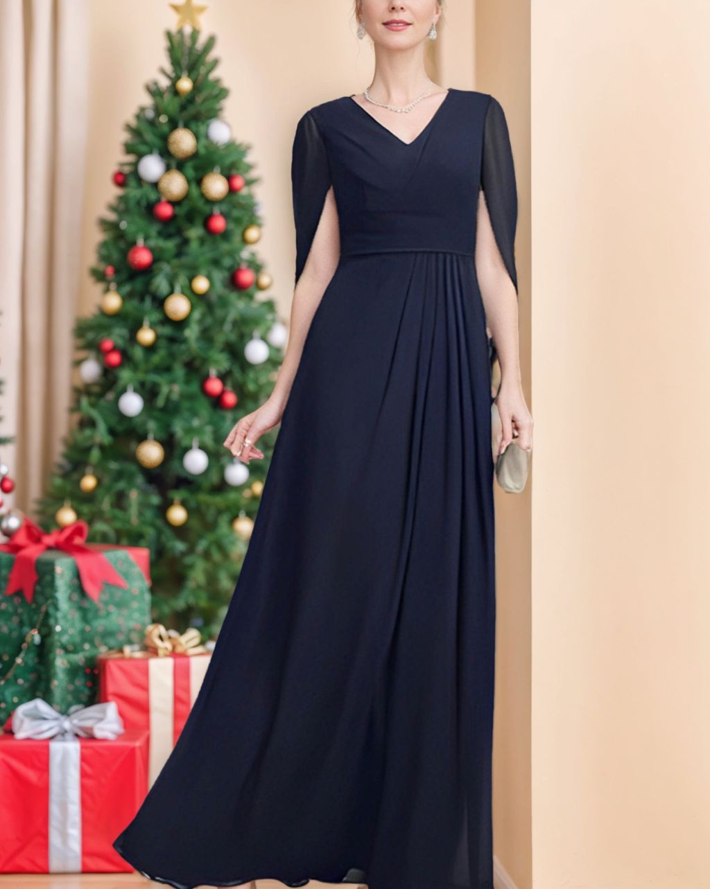 A Line Princess Half Sleeves V Neck Mother Of The Bride Dresses