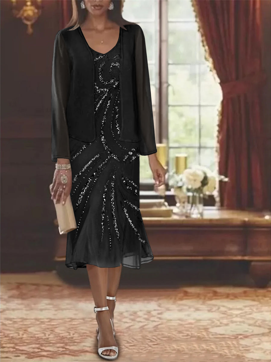 Chiffon 2 Pieces V Neck Knee Length Mother Of The Bride Dresses With Jacket Sequins Beading
