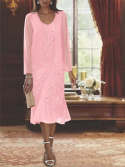Chiffon 2 Pieces V Neck Knee Length Mother Of The Bride Dresses With Jacket Sequins Beading