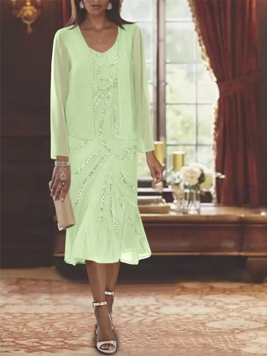 Chiffon 2 Pieces V Neck Knee Length Mother Of The Bride Dresses With Jacket Sequins Beading