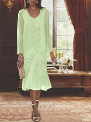 Chiffon 2 Pieces V-Neck Knee-Length Mother of the Bride Dresses with Jacket & Sequins Beading