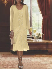 Chiffon 2 Pieces V Neck Knee Length Mother Of The Bride Dresses With Jacket Sequins Beading