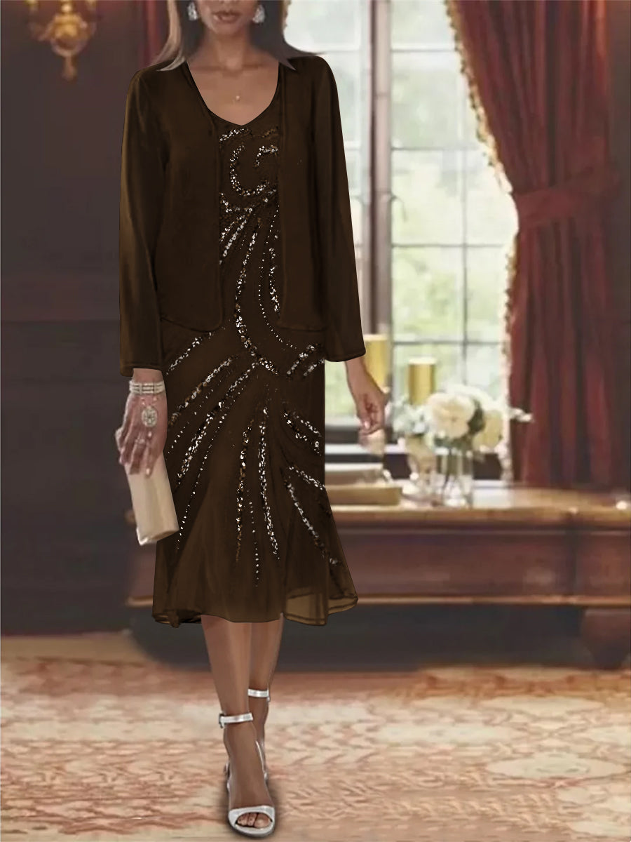 Chiffon 2 Pieces V Neck Knee Length Mother Of The Bride Dresses With Jacket Sequins Beading