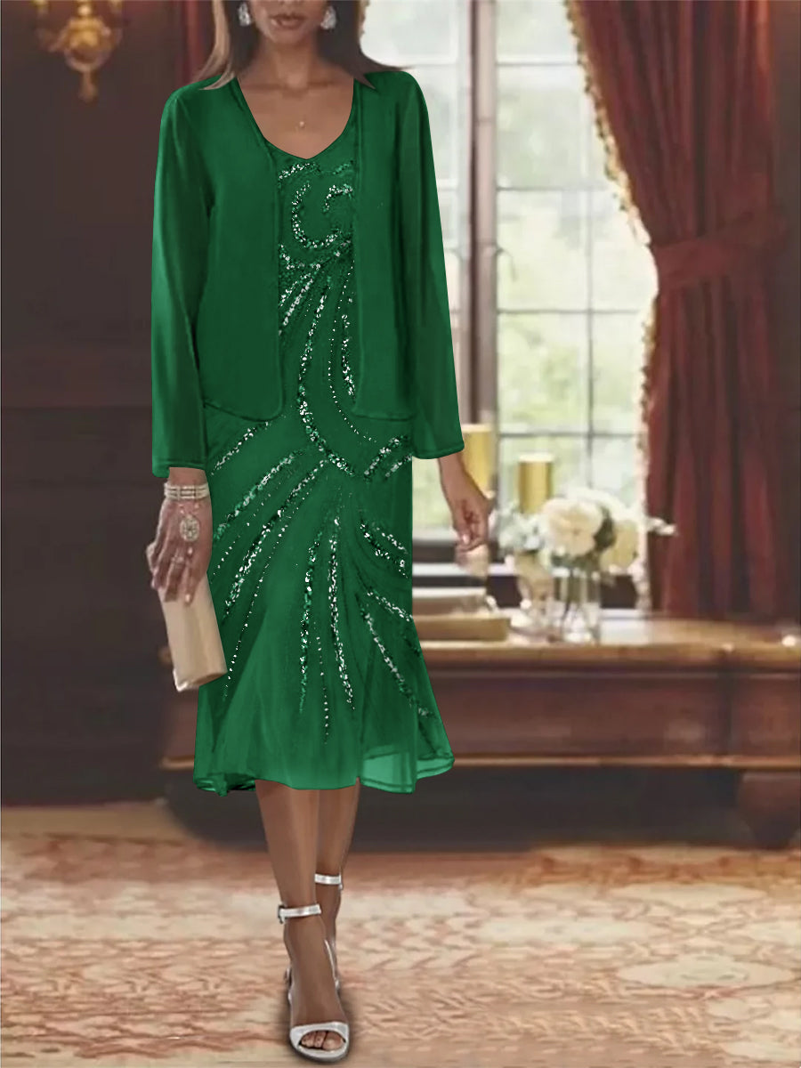 Chiffon 2 Pieces V Neck Knee Length Mother Of The Bride Dresses With Jacket Sequins Beading