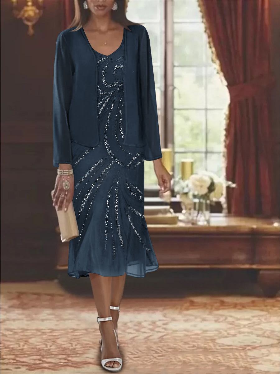Chiffon 2 Pieces V Neck Knee Length Mother Of The Bride Dresses With Jacket Sequins Beading