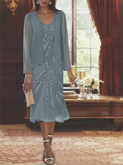 Chiffon 2 Pieces V Neck Knee Length Mother Of The Bride Dresses With Jacket Sequins Beading