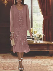 Chiffon 2 Pieces V Neck Knee Length Mother Of The Bride Dresses With Jacket Sequins Beading