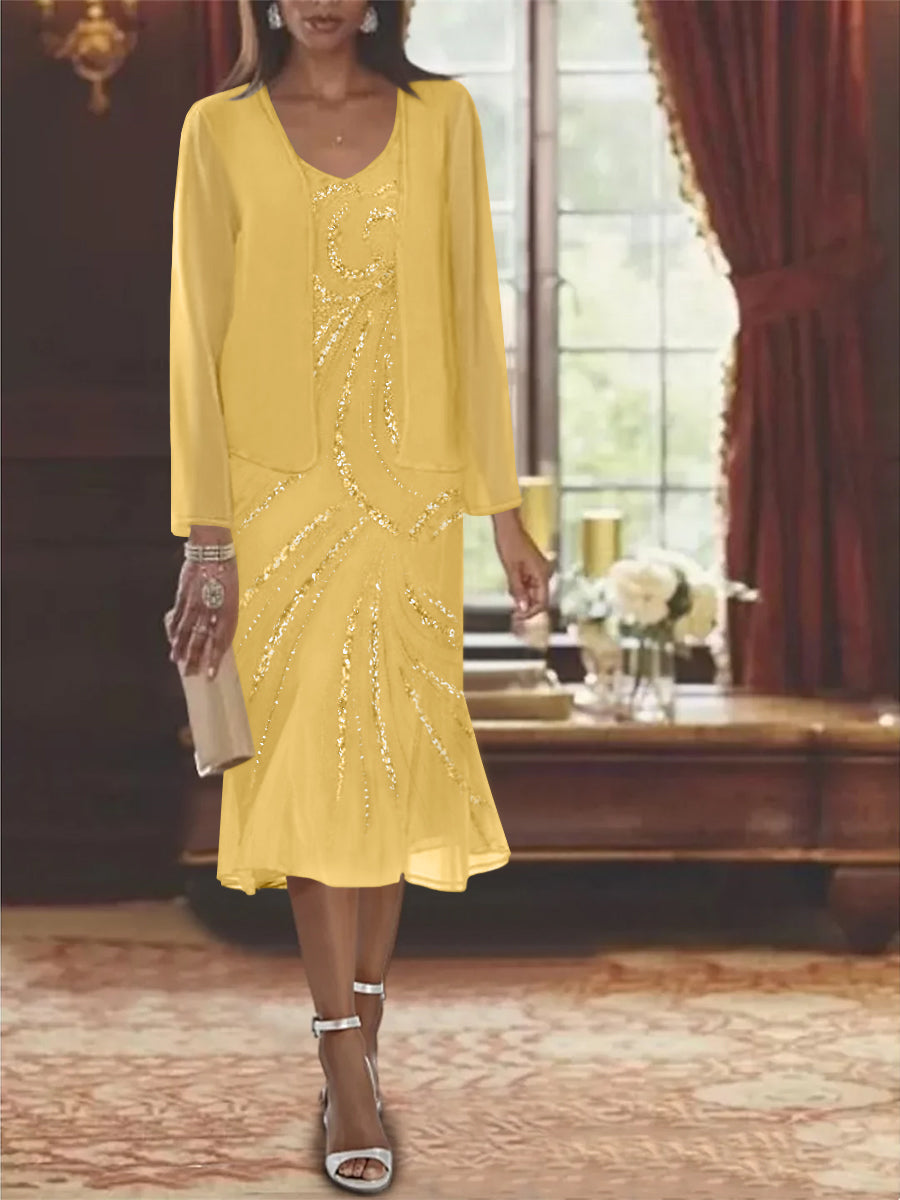 Chiffon 2 Pieces V Neck Knee Length Mother Of The Bride Dresses With Jacket Sequins Beading