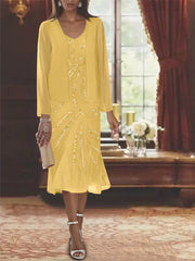 Chiffon 2 Pieces V Neck Knee Length Mother Of The Bride Dresses With Jacket Sequins Beading