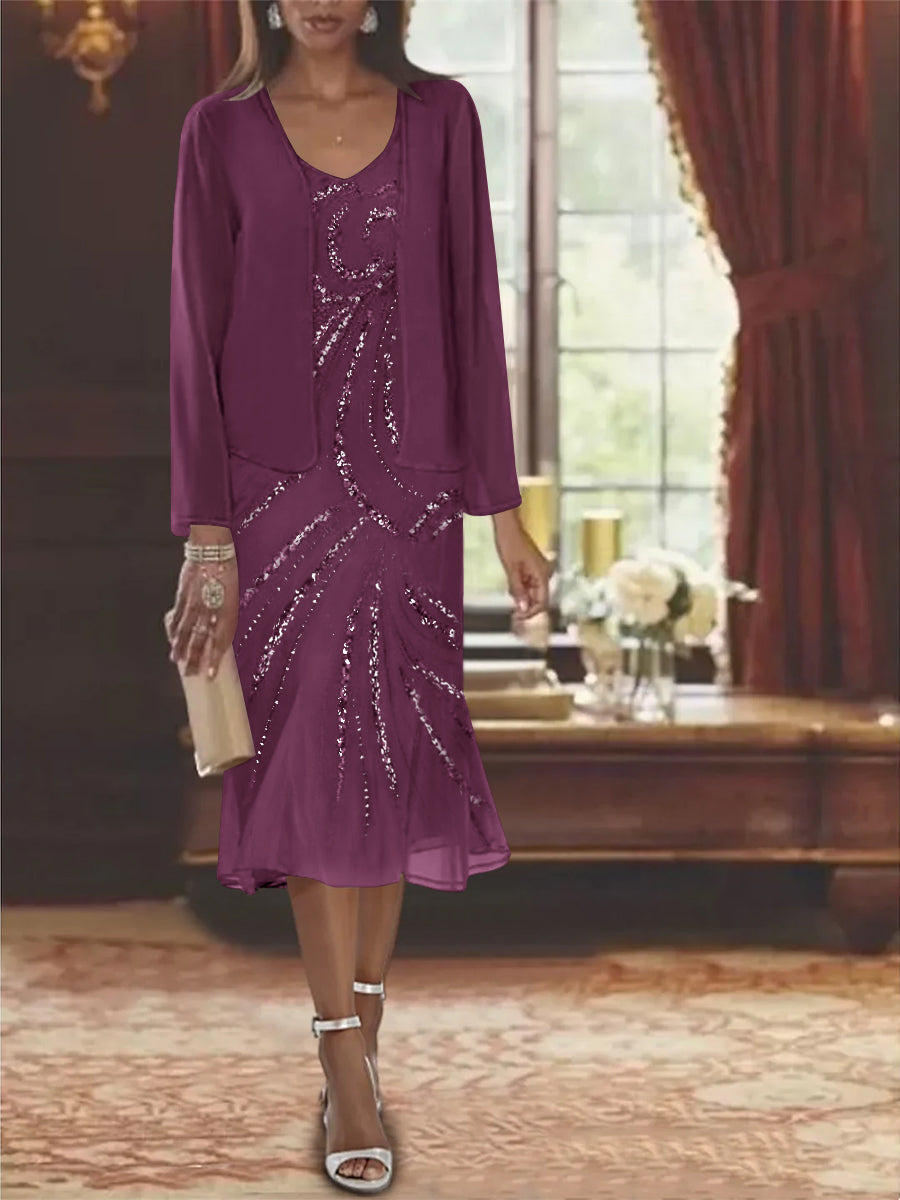 Chiffon 2 Pieces V Neck Knee Length Mother Of The Bride Dresses With Jacket Sequins Beading