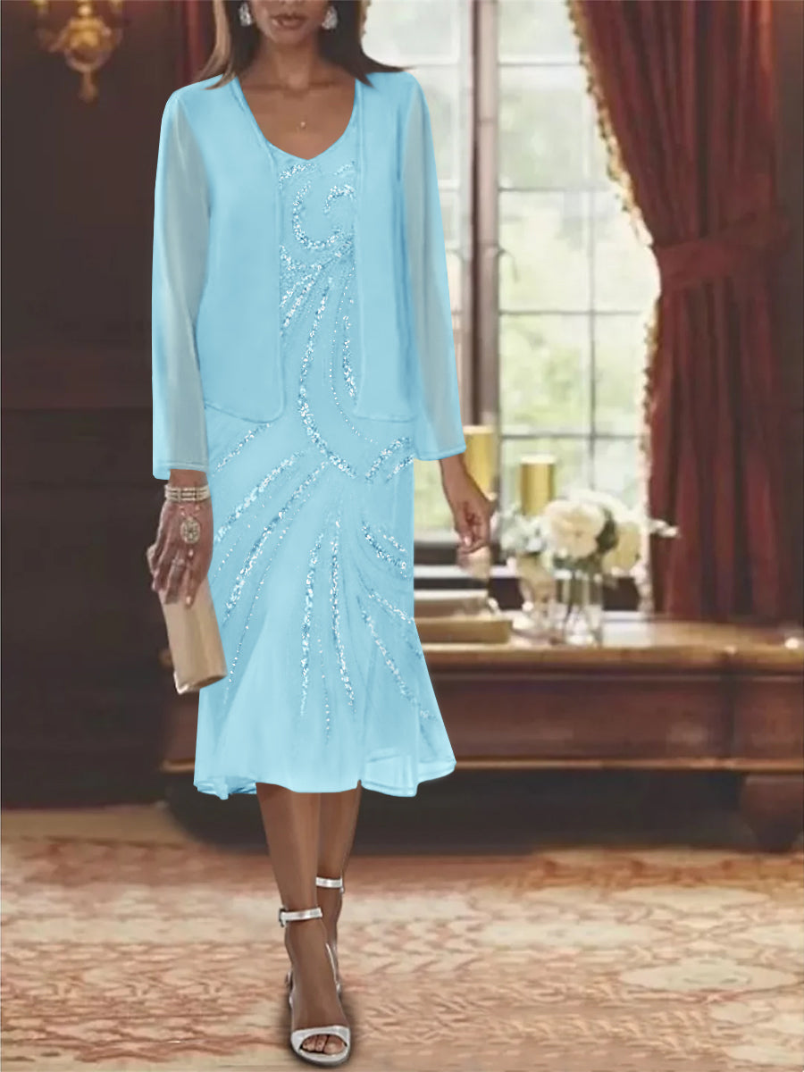 Chiffon 2 Pieces V Neck Knee Length Mother Of The Bride Dresses With Jacket Sequins Beading