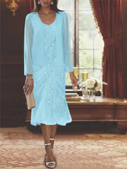 Chiffon 2 Pieces V Neck Knee Length Mother Of The Bride Dresses With Jacket Sequins Beading