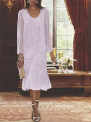Chiffon 2 Pieces V Neck Knee Length Mother Of The Bride Dresses With Jacket Sequins Beading