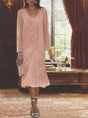 Chiffon 2 Pieces V Neck Knee Length Mother Of The Bride Dresses With Jacket Sequins Beading