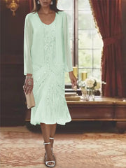 Chiffon 2 Pieces V Neck Knee Length Mother Of The Bride Dresses With Jacket Sequins Beading