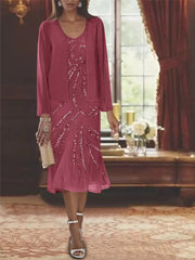 Chiffon 2 Pieces V Neck Knee Length Mother Of The Bride Dresses With Jacket Sequins Beading