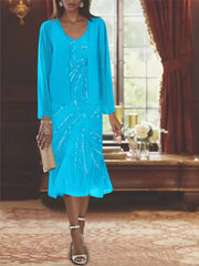 Chiffon 2 Pieces V-Neck Knee-Length Mother of the Bride Dresses with Jacket & Sequins Beading
