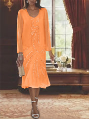 Chiffon 2 Pieces V-Neck Knee-Length Mother of the Bride Dresses with Jacket & Sequins Beading