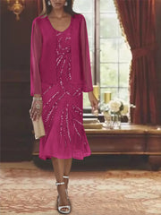 Chiffon 2 Pieces V-Neck Knee-Length Mother of the Bride Dresses with Jacket & Sequins Beading
