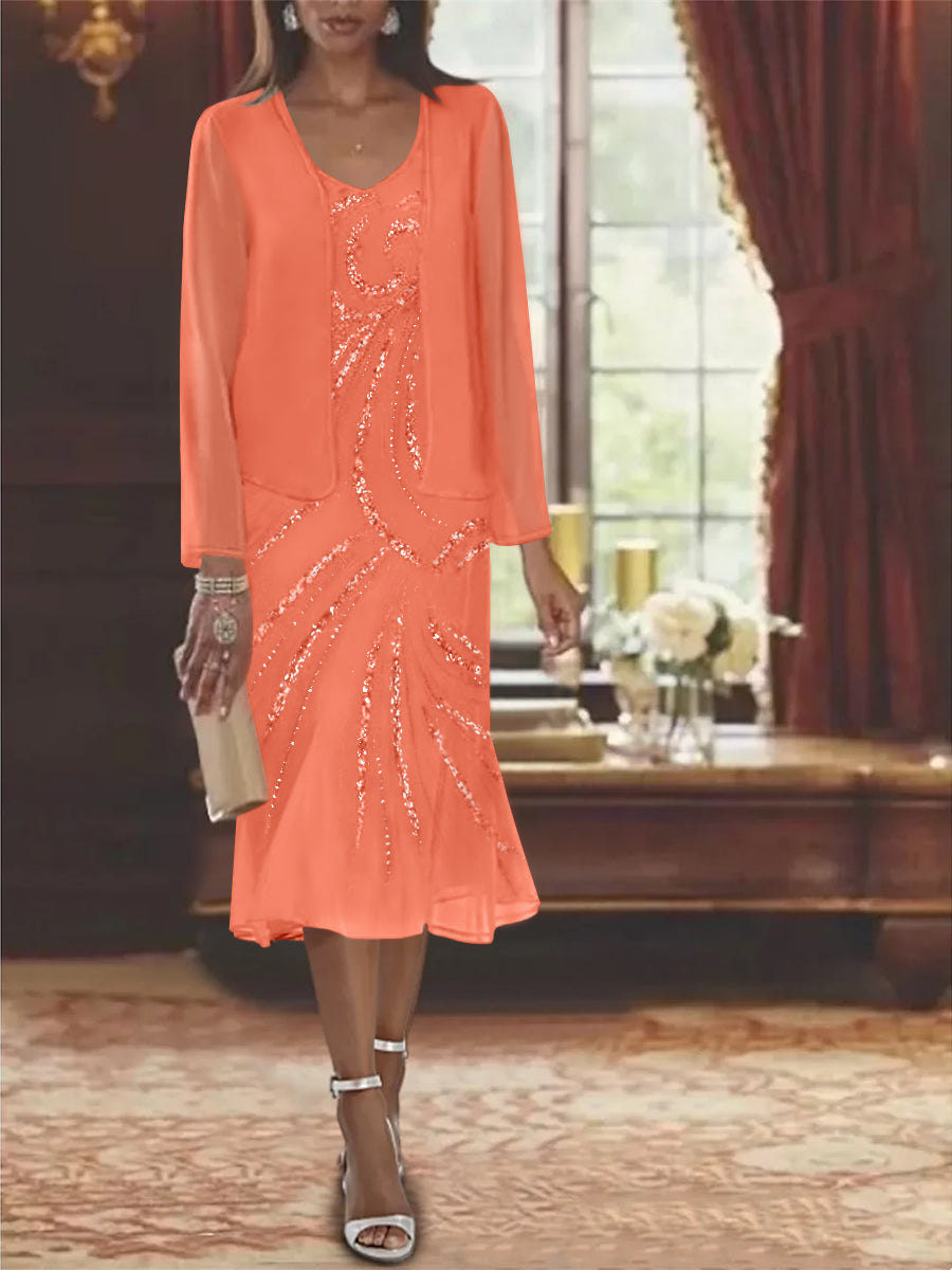 Chiffon 2 Pieces V Neck Knee Length Mother Of The Bride Dresses With Jacket Sequins Beading