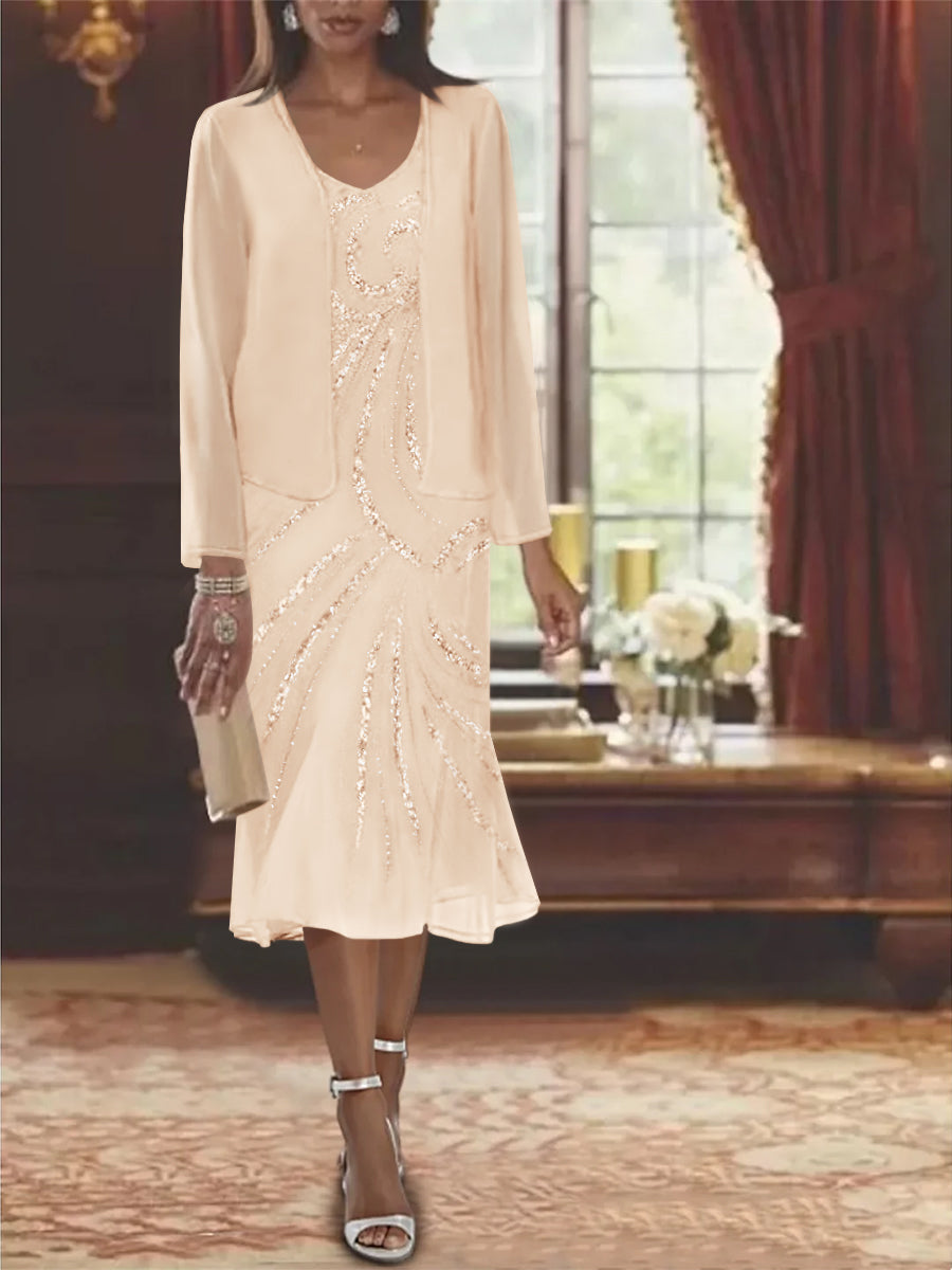 Chiffon 2 Pieces V Neck Knee Length Mother Of The Bride Dresses With Jacket Sequins Beading