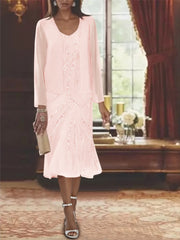 Chiffon 2 Pieces V Neck Knee Length Mother Of The Bride Dresses With Jacket Sequins Beading