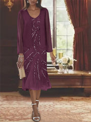 Chiffon 2 Pieces V Neck Knee Length Mother Of The Bride Dresses With Jacket Sequins Beading