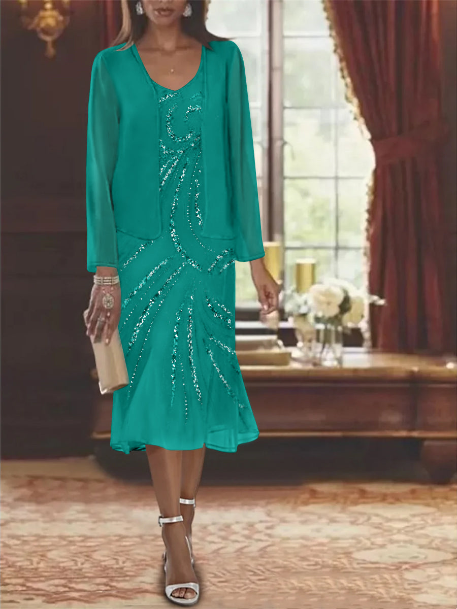 Chiffon 2 Pieces V Neck Knee Length Mother Of The Bride Dresses With Jacket Sequins Beading