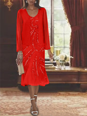 Chiffon 2 Pieces V Neck Knee Length Mother Of The Bride Dresses With Jacket Sequins Beading