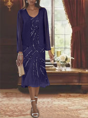 Chiffon 2 Pieces V-Neck Knee-Length Mother of the Bride Dresses with Jacket & Sequins Beading