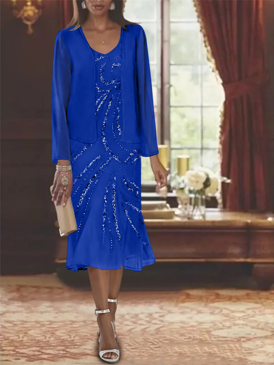 Chiffon 2 Pieces V Neck Knee Length Mother Of The Bride Dresses With Jacket Sequins Beading