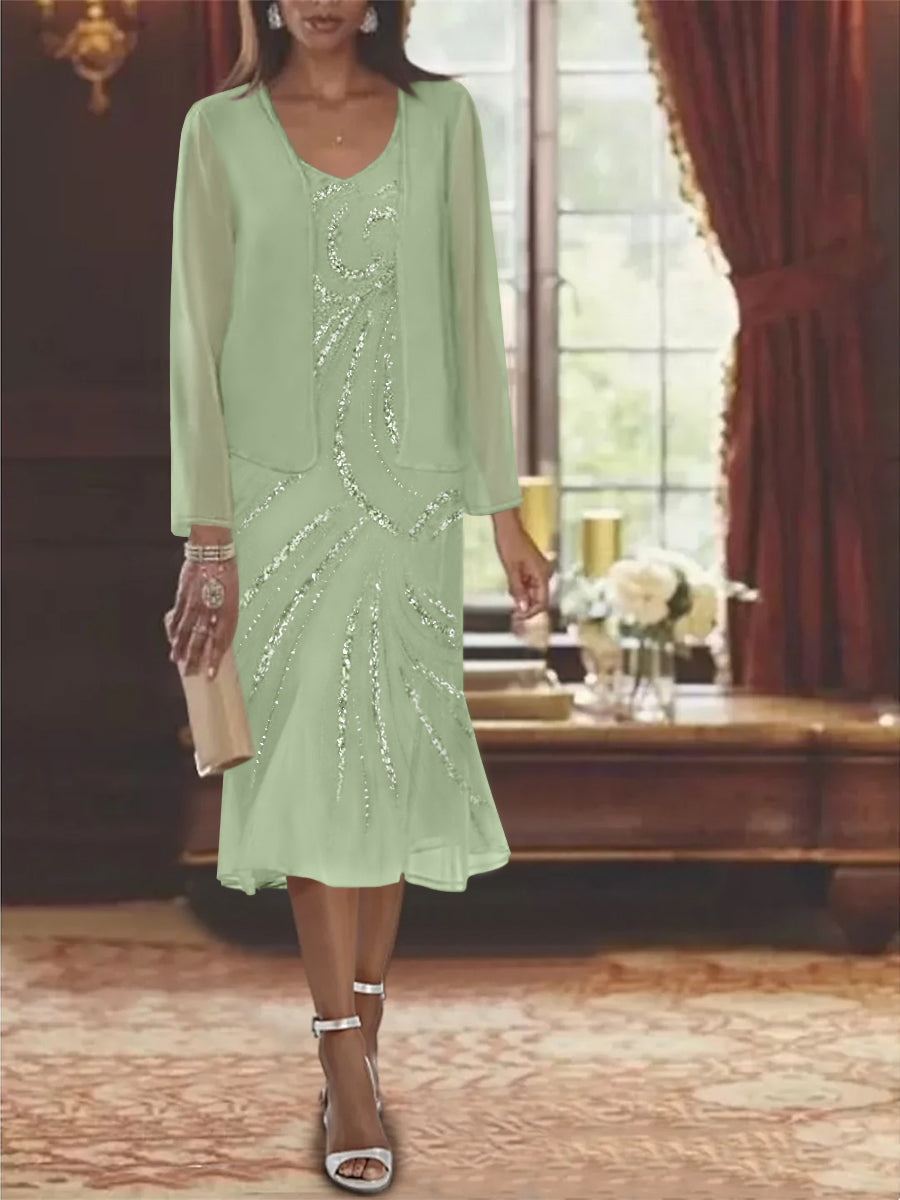 Chiffon 2 Pieces V Neck Knee Length Mother Of The Bride Dresses With Jacket Sequins Beading
