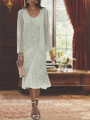 Chiffon 2 Pieces V Neck Knee Length Mother Of The Bride Dresses With Jacket Sequins Beading