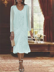 Chiffon 2 Pieces V Neck Knee Length Mother Of The Bride Dresses With Jacket Sequins Beading