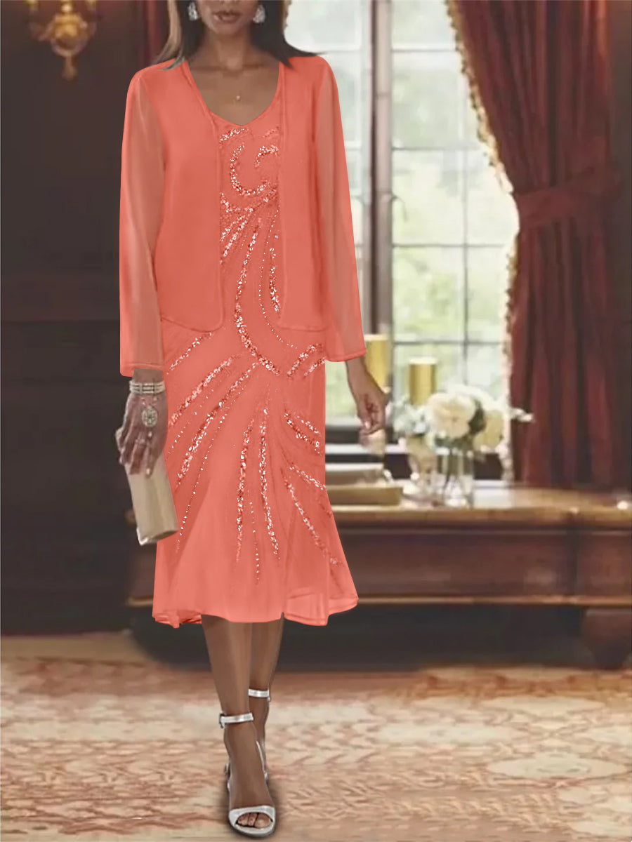 Chiffon 2 Pieces V Neck Knee Length Mother Of The Bride Dresses With Jacket Sequins Beading