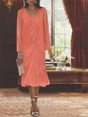 Chiffon 2 Pieces V Neck Knee Length Mother Of The Bride Dresses With Jacket Sequins Beading
