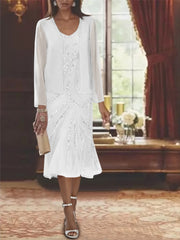 Chiffon 2 Pieces V Neck Knee Length Mother Of The Bride Dresses With Jacket Sequins Beading