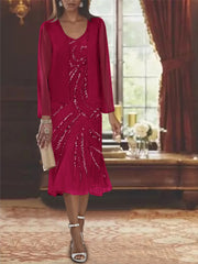 Chiffon 2 Pieces V-Neck Knee-Length Mother of the Bride Dresses with Jacket & Sequins Beading