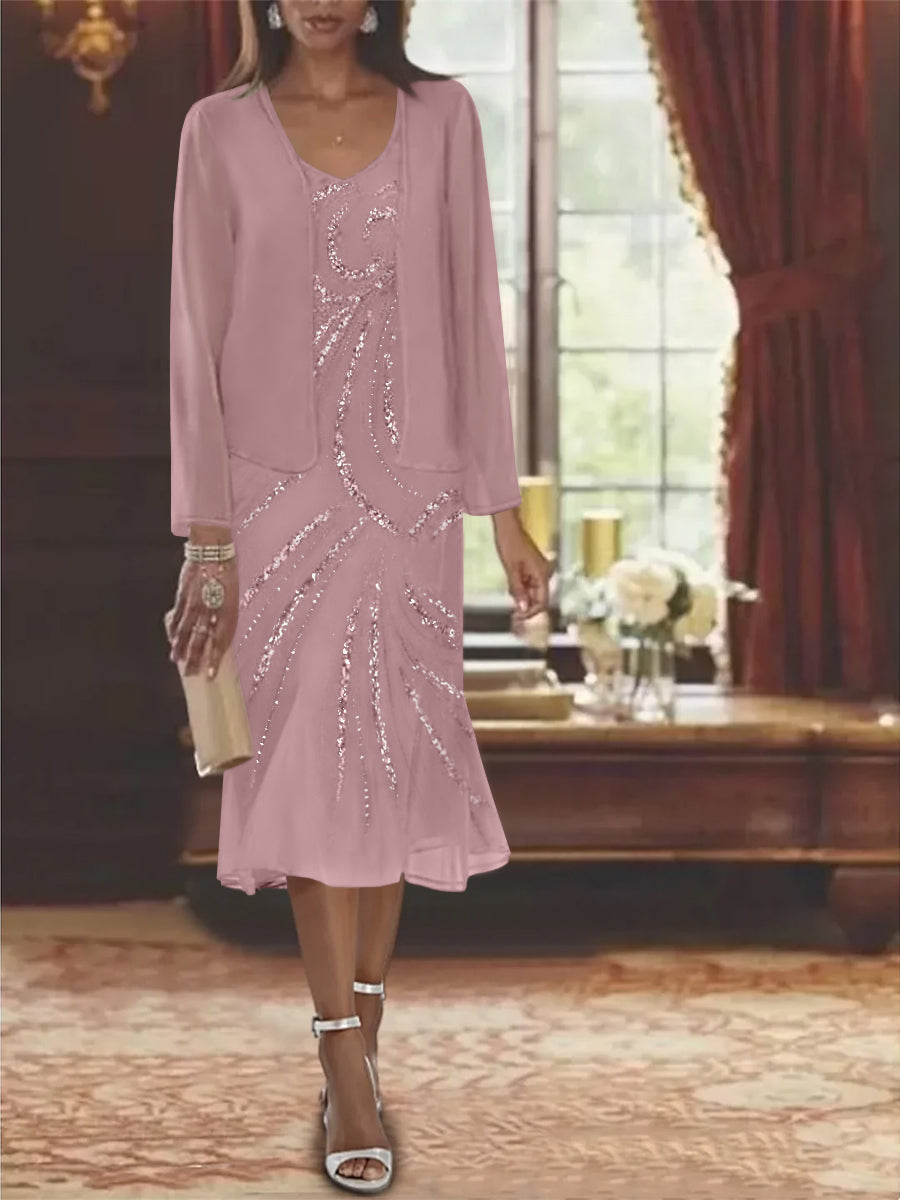 Chiffon 2 Pieces V Neck Knee Length Mother Of The Bride Dresses With Jacket Sequins Beading
