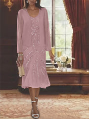 Chiffon 2 Pieces V Neck Knee Length Mother Of The Bride Dresses With Jacket Sequins Beading