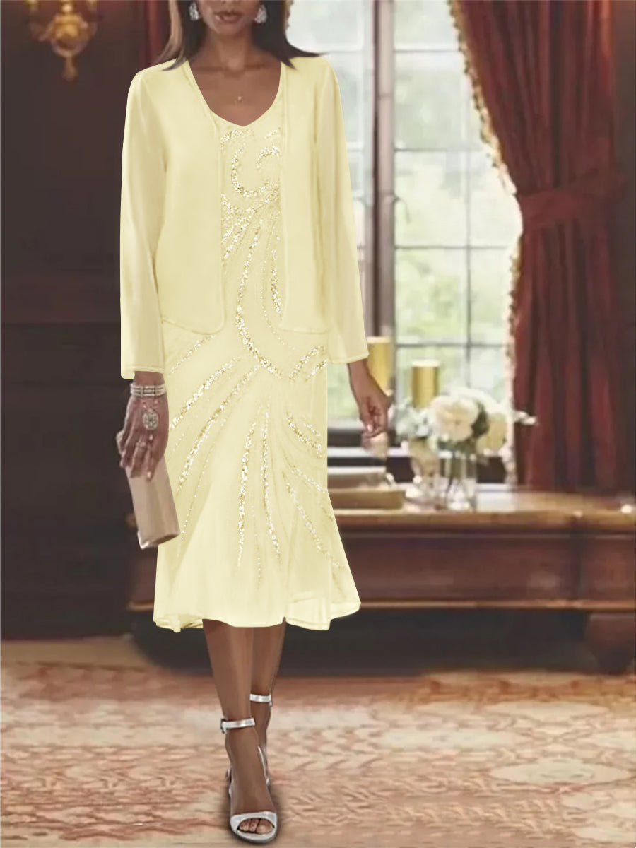 Chiffon 2 Pieces V Neck Knee Length Mother Of The Bride Dresses With Jacket Sequins Beading