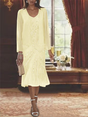 Chiffon 2 Pieces V Neck Knee Length Mother Of The Bride Dresses With Jacket Sequins Beading
