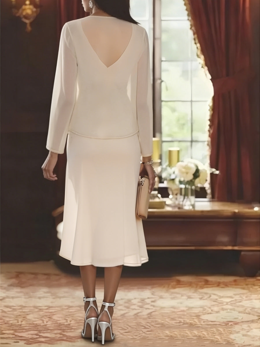 Chiffon 2 Pieces V Neck Knee Length Mother Of The Bride Dresses With Jacket Sequins Beading