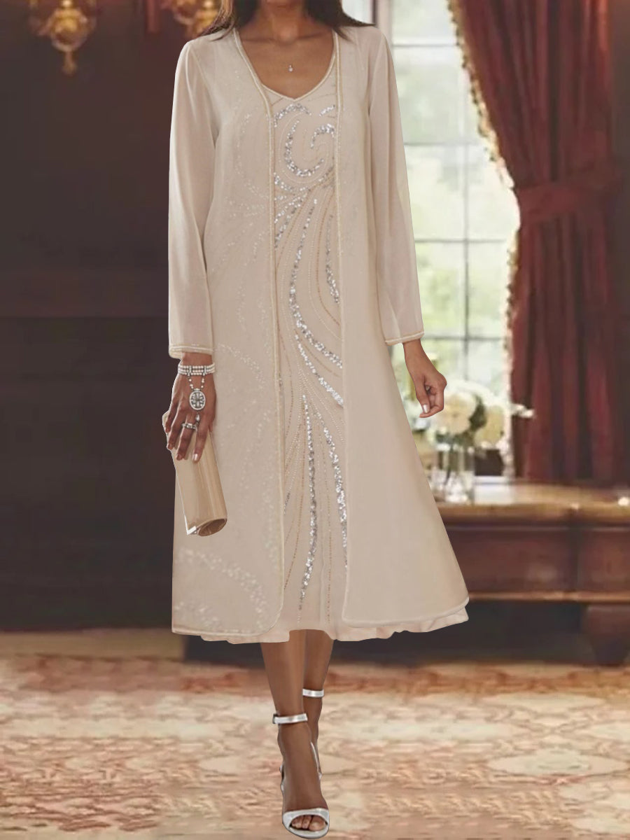 Sheath Column V Neck Long Sleeves Tea Length Mother Of The Bride Dresses With Jacket Sequins Beading