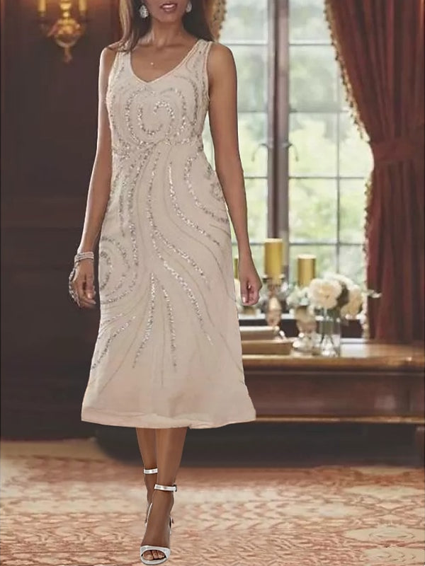 Sheath Column V Neck Long Sleeves Tea Length Mother Of The Bride Dresses With Jacket Sequins Beading