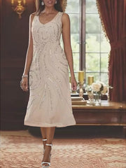 Sheath Column V Neck Long Sleeves Tea Length Mother Of The Bride Dresses With Jacket Sequins Beading