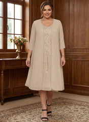 Sheath Column V Neck Long Sleeves Tea Length Plus Size Mother Of The Bride Dresses With Jacket Sequins Beading
