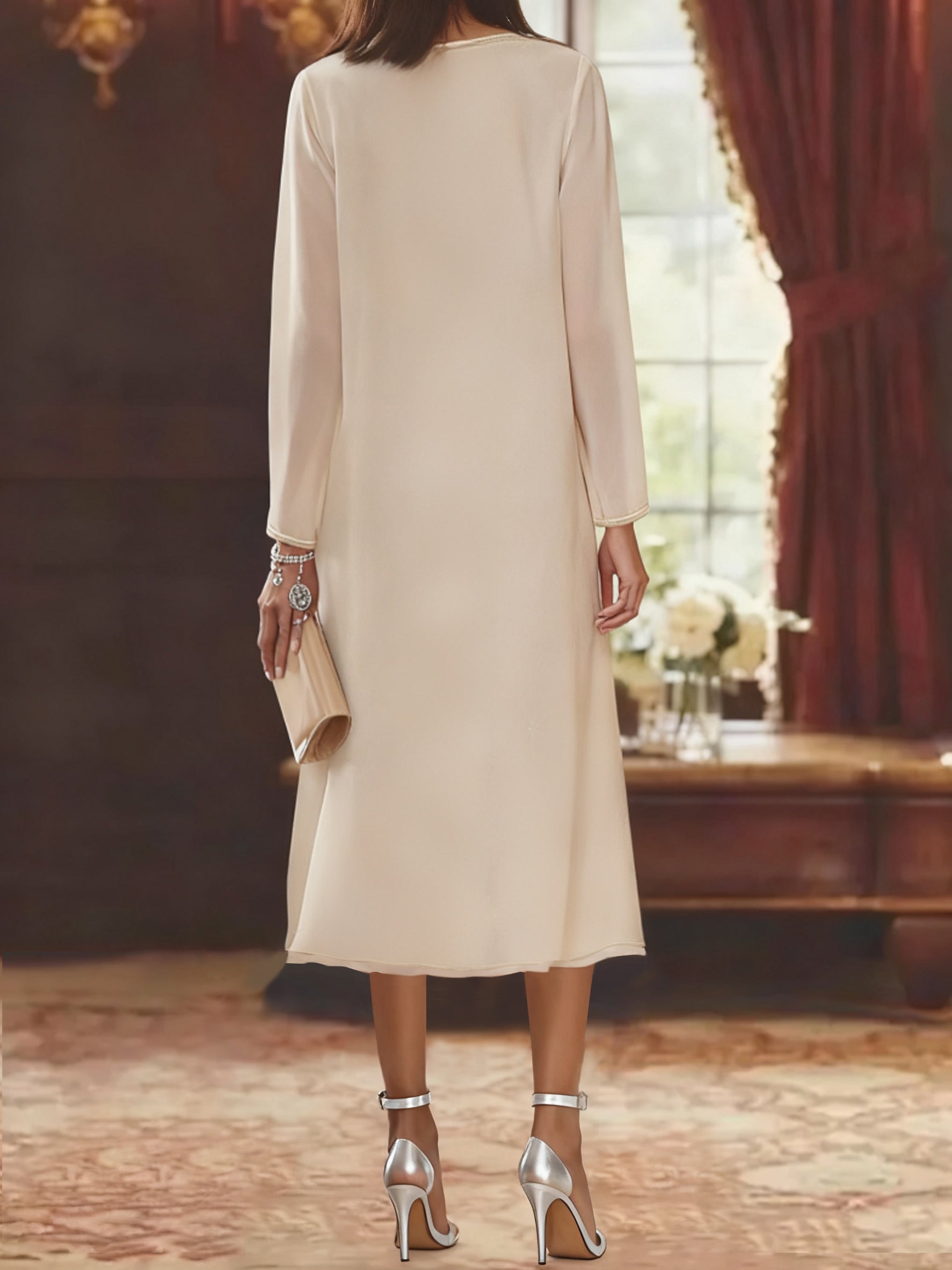 Sheath Column V Neck Long Sleeves Tea Length Mother Of The Bride Dresses With Jacket Sequins Beading