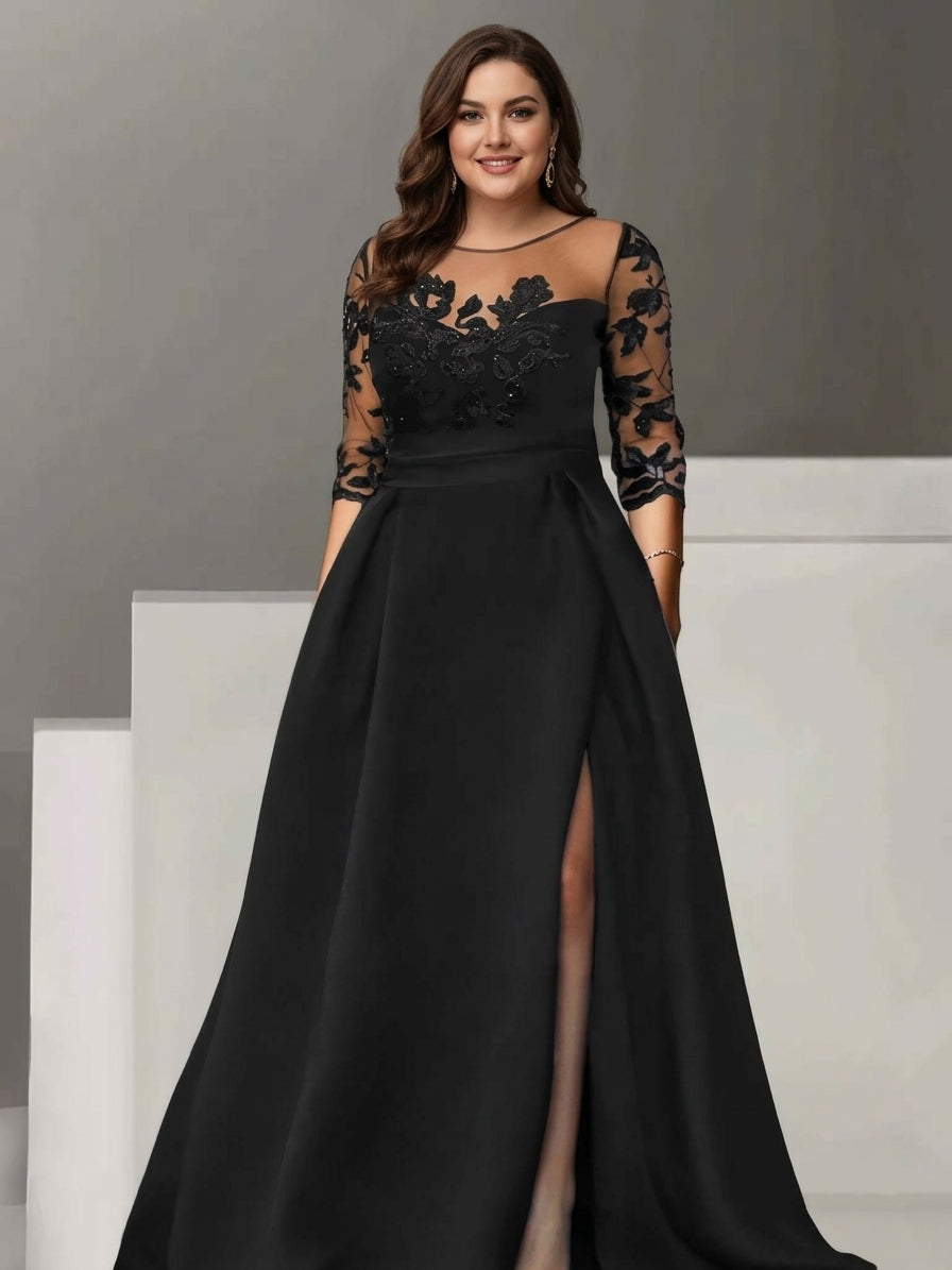 A Line Princess Sweetheart 3 4 Sleeves Floor Length Plus Size Mother Of The Bride Dresses With Lace Split Side